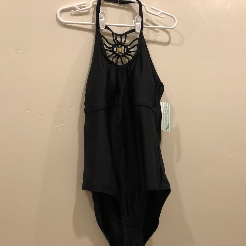 Macrame Swim 1X Plus Size Swimsuit Halter One Piece Black Gold Cute Boho